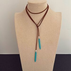 Western Bolo Tie Necklace, Brown Ultrasuede with Turquoise Tips, Cowboy Rodeo